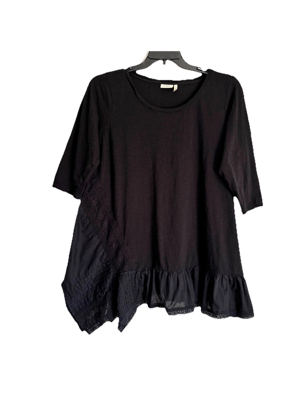LOGO Lori Goldstein Black Tunic Top Lace Hem